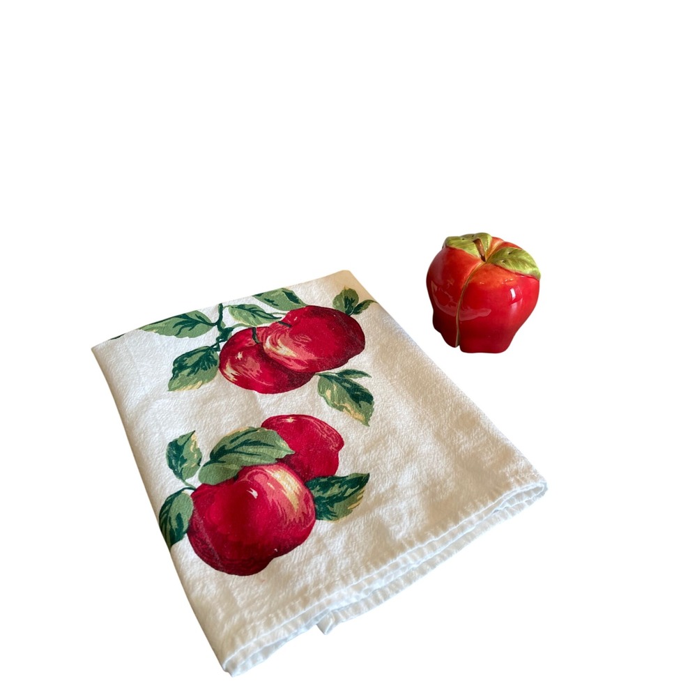Vintage Style Red Apple Ceramic Salt Pepper Shakers and Cotton Tea Towel Set